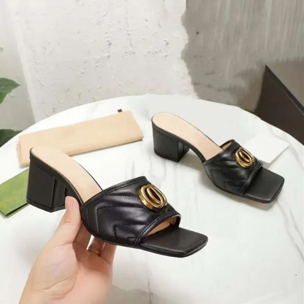 

designer women slippers mid g heel luxury leather fashion embroidered summer chunky heel sandals 5.5cm size 35-42 jnz, Black