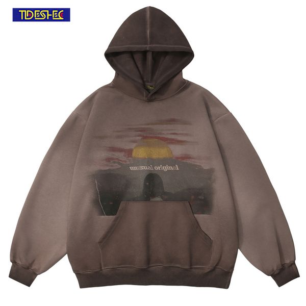

women s hoodies sweatshirts autumn winter sweatshirt fashion vintage streetwear men tie dyed hoodie sunset pattern print hooded loose casual, Black