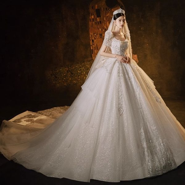 

new gorgeous plus size wedding dresses bridal gown lace applique sweep train v neck cap sleeves off the shoulder tulle beaded beach garden s, White