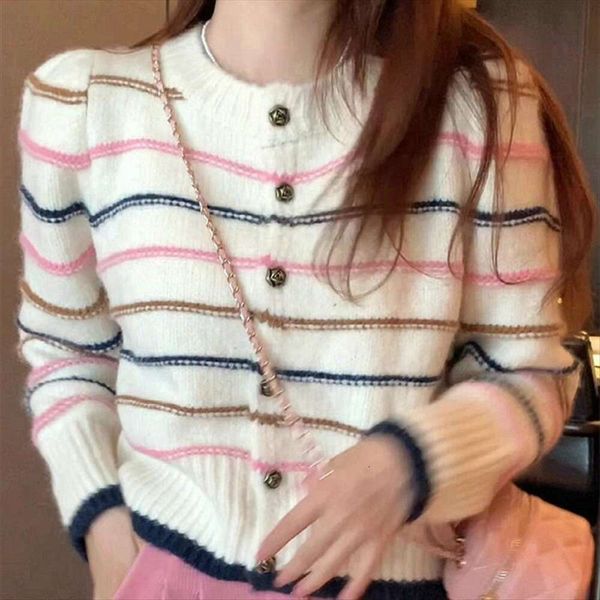 

soft and sticky contrasting colors striped cardigan sweater autumn winter womens clothing gentle style french milk, White;black