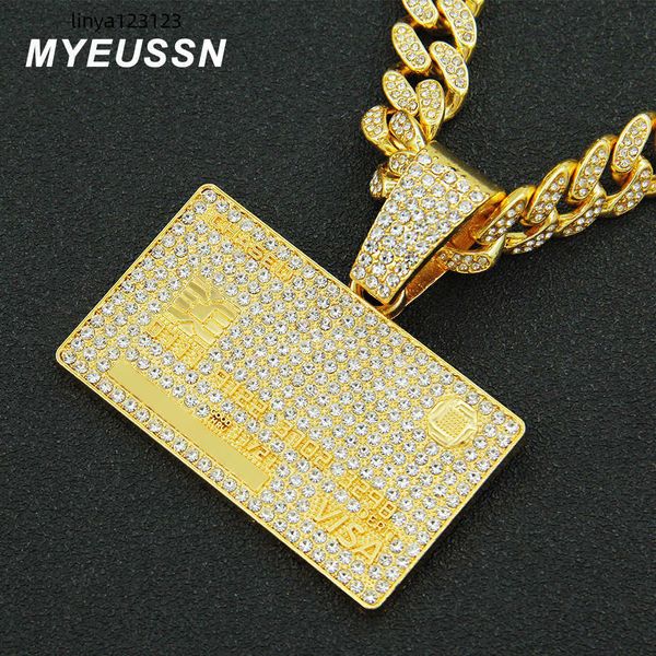 

pendant necklaces full iced out credit card necklace mens gold silver color hip hop jewelry with 13mm cuban chain choker charm 230617