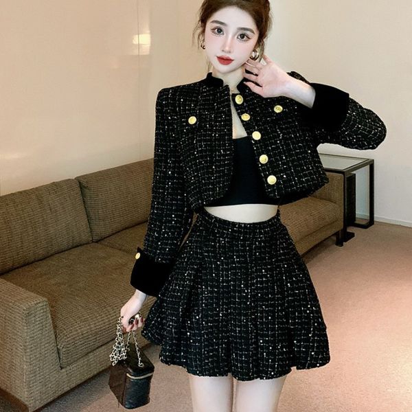 

two piece dress korean fashion two piece set temperament vintage small fragrance women plaid tweed short jacketpleated mini skirt suits fema, White
