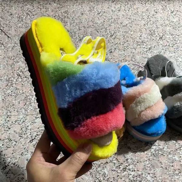 

luxury brand elastic wool slippers, thick soled sheepskin fur integrated color matching women's shoes, large size sandals, fashionable, Black