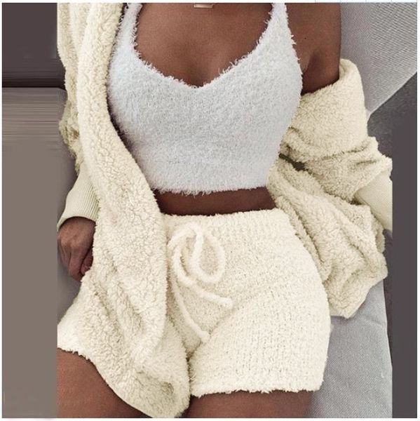 

women's two piece pants fluffy three piece set lounge 3 piece set women sweater knit set tank and pants casual homewear outfits home su, White