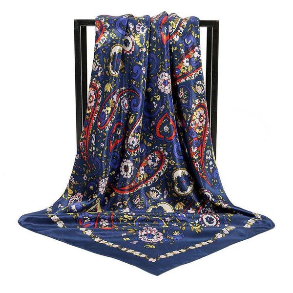 

vintage classic satin imitation silk scarf ethnic style square travel all matching shawl, Blue;gray