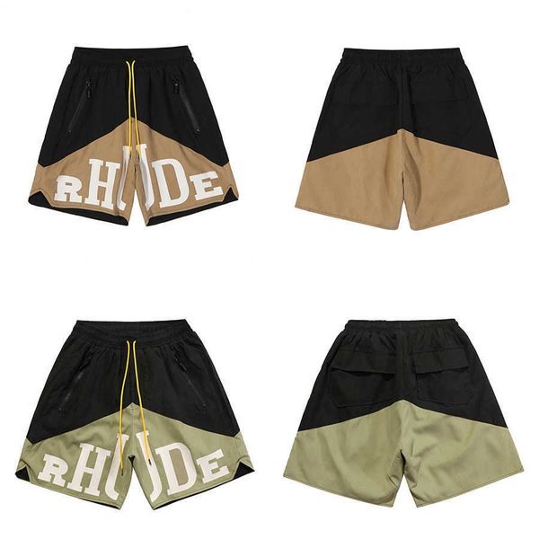 

rhude letter printed high street men's drawstring shorts with dual color patchwork men's casual capris, White;black