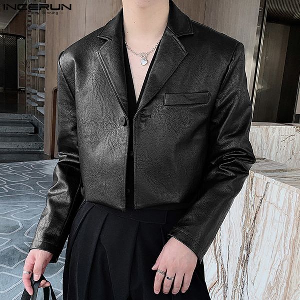 

men's suits blazers fashion men blazer pu leather solid color lapel long sleeve streetwear one button thin coats 2023 casual 5xl inceru, White;black