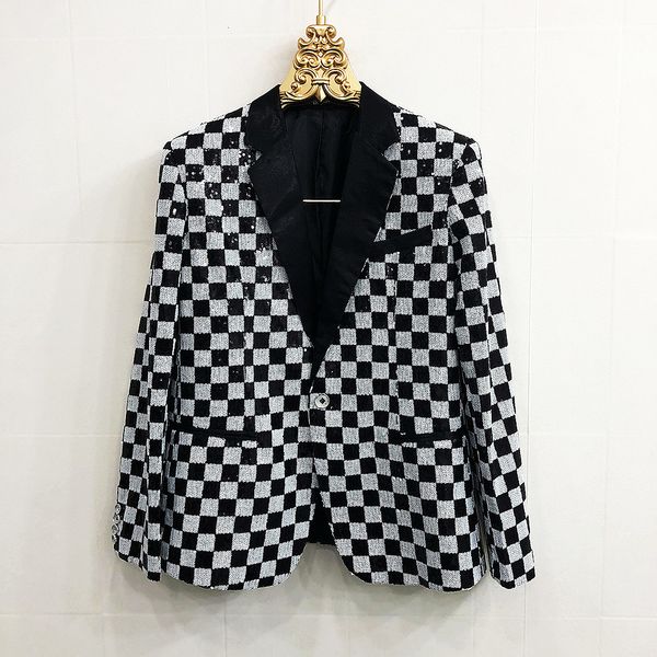 

men's suits blazers black white plaid banquet sequins tuxedo singer host costume stage performance slim suit jacket coat plus size 2308, White;black