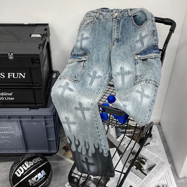 

men's jeans punk denim pants men harajuku flame cross print color block baggy jeans male straight trousers multi-pockets autumn winter, Blue