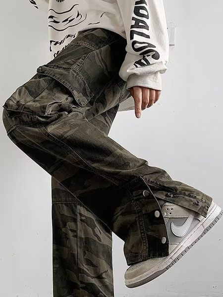 

men's pants histrex cargo men military camouflage straight trousers multipocket techwear wide leg fashion streetwear mens clothes 23082, Black