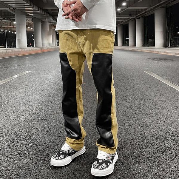 

men's pants color block pu leather spliced streetwear mens cargo harajuku straight oversized loose casual trousers 230826, Black