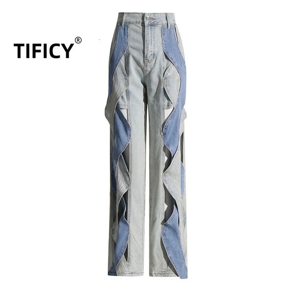 

women's jeans tificy fashion personalized design autumn mid rise long straight contrast hollow out denim pant's pant 230826, Blue