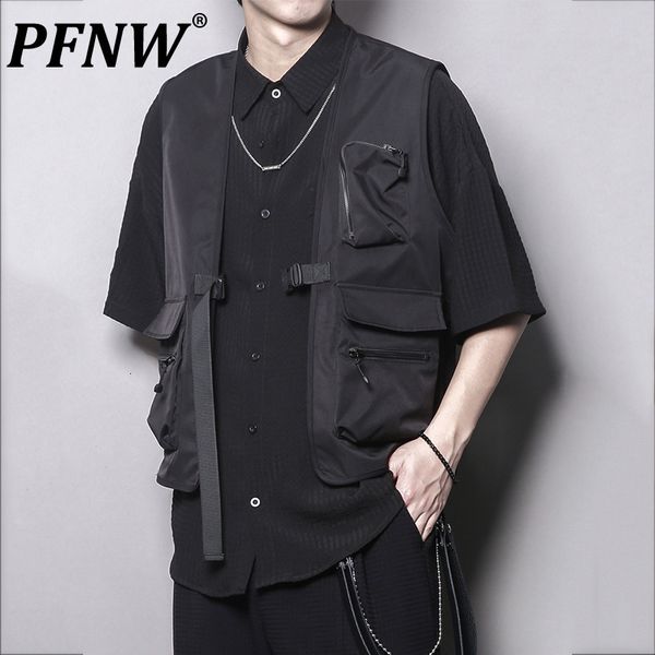 

men's vests pfnw spring summer techwear waterproof ribbon vest multi pockets loose mountain camping trend personality coat 28a2586 2308, Black;white