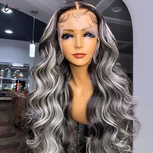 

Ombre Human Hair Wig Highlight Wig Human Hair Black and Gray Blonde Body Wave Lace Front Human Hair Wigs for Women, Natural color