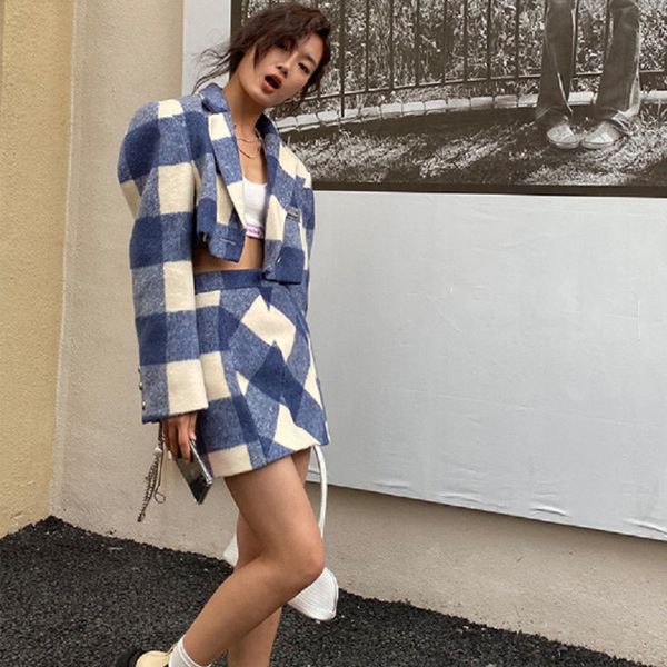 

two piece dress fall winter plaid vintage tweed two piece set korea women single-breasted woolen short jacket coat mini skirt 2 piece set 23, White