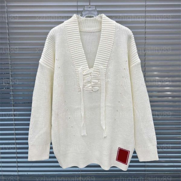 

designer sweater women knit sweater fashionable drawstring design long sleeved v-neck loose knitted pullover luxury knitwear designers sweat, White;black