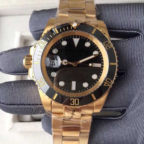 

st9 steel quality watch automatic mechanical 40mm full k gold color ceramic bezel black dial glide lock flod clasp sapphire glass mens wrist, Slivery;golden