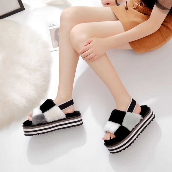 

luxury brand winter wool elastic slippers with soft cake bottom and thick contrasting color wool slippers with ruoye tuo large snow boots, Black