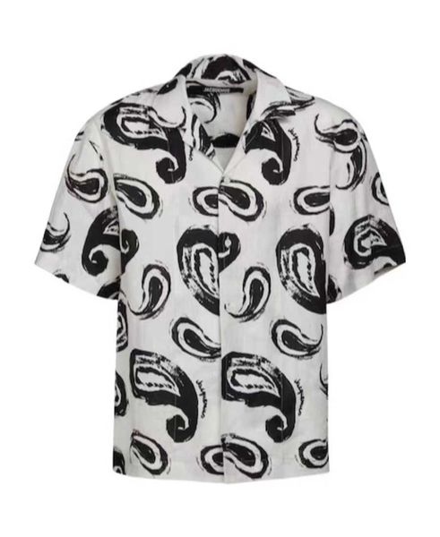 

men's casual shirts jacquemu 23ss linen cashew flower printed short sleeved loose fitting men's summer shirt with cuban collar, White;black