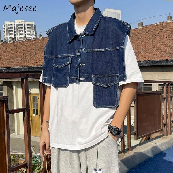 

men's vests denim men teens cargo irregular high street american retro spliced personal cropped clothing allmatch hipster cool 230826, Black;white