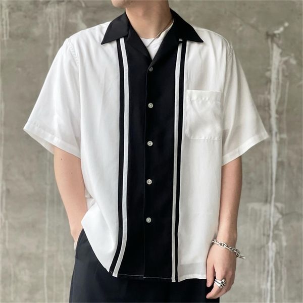 

men's dress shirts wacko maria shirt 2023 summer japanese fashion stripe contrast hawaiian casual single breasted short sleeve 230826, White;black