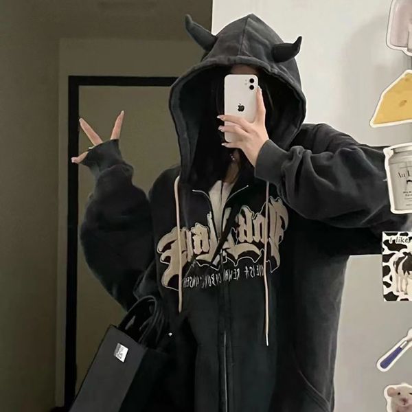 

women's hoodies sweatshirt retro zipper long sleeve jacket coats casual hooded oversized sweatshirts y2k streetwear couples letter devi, Black