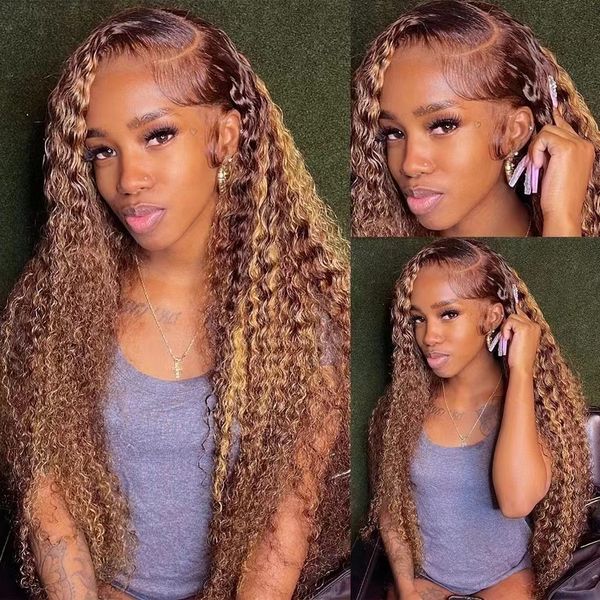 

180density curly human hair long deep wave frontal blonde highlight transparent lace pre plucked synthetic, Black;brown
