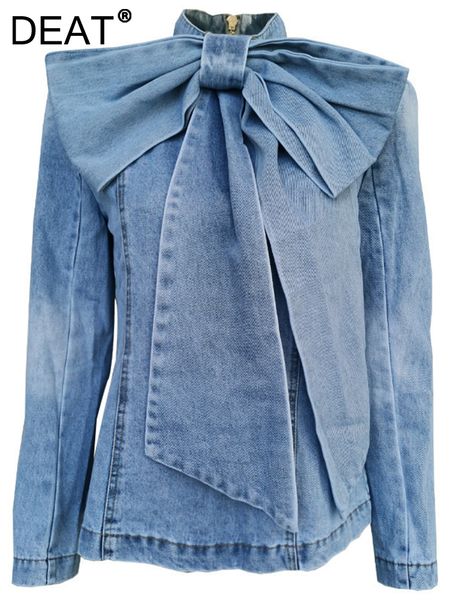 

women's blouses shirts deat women denim shirt big bow stand collar long sleeve back zipper do old waist blue blouse autumn fashion 29l3, White