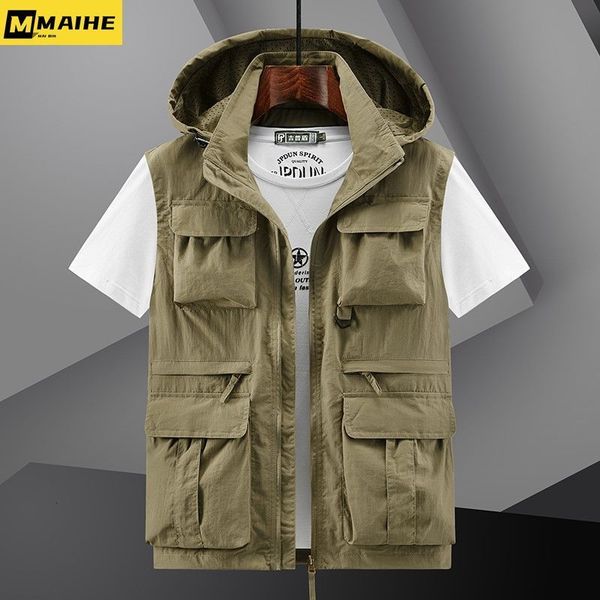 

men's vests hooded tactical vest spring casual mesh multipocket work sleeveless jacket outdoor fishing pography tool 230826, Black;white