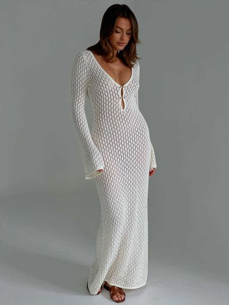 

v-neck hollow long dress knitted tight long sleeve autumn/winter new 2023 dress, White