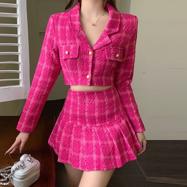 

two piece dress spring small fragrance vintage tweed two piece set women crop short small blazer mini a-line pleated skirts 2 piece suits 23, White