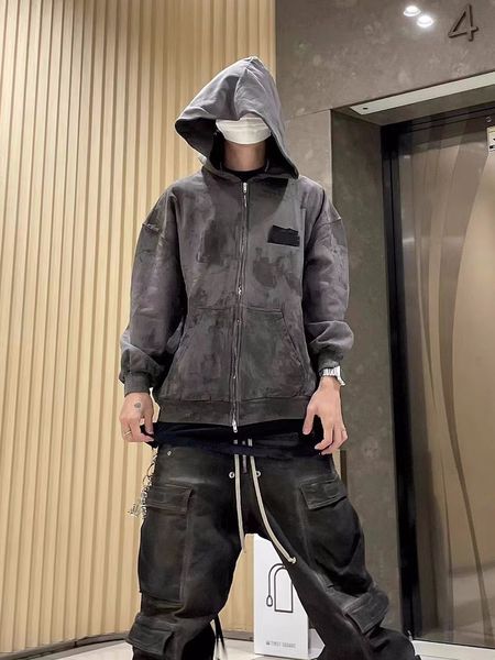 

men's jackets qq6405 fashion coats 2023 runway clothing mud tape zippered hoodie readymade clothes washed damaged hand made g 230826, Black;brown