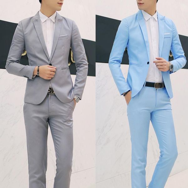 

men's suits blazers 2pcs 1 set fashion men solid color lapel button long sleeve slim blazer suit pants for wedding office meeting male, White;black