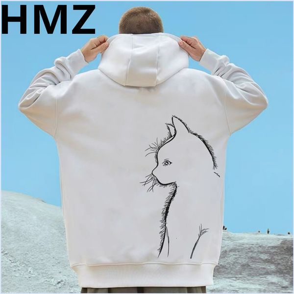 

men's hoodies sweatshirts hmz winter high street cotton men sweatshirt fashion streetwear cat print for casual loose pullovers hoody 23, Black