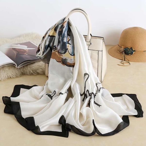 

spring and summer scarves womens elegant high end lotus chair printed imitation silk shawl sunblock beach towel, Blue;gray