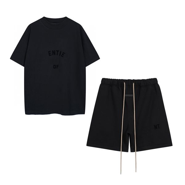 

usa mens flocked cotton tee turtle neck oversize t shirts summer fleece short pants suit casual high street tshirt shorts tracksuit 23fw aug, Black;brown