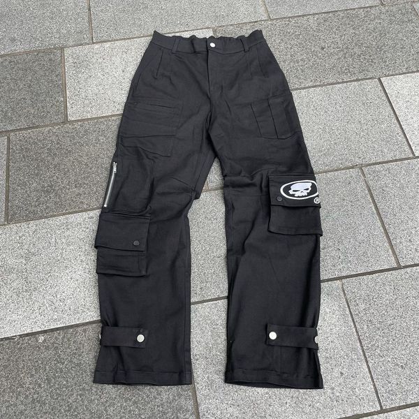 

women's pants capris y2k black retro skull printing cargo pants harajuku streetwear multiple pockets wide leg straight trousers women l, Black;white
