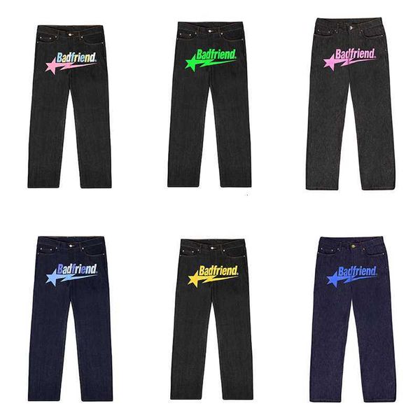 

2023 designer mens jeans university y2k jeans badfriend hip hop letter printed black pants men women fashion casual rock wide foot baggy tro, Blue