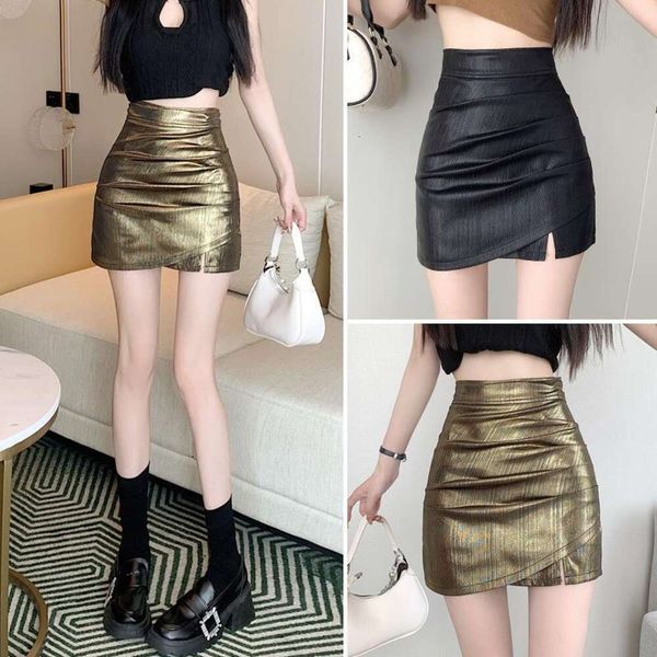 

sister styled metallic high waisted split skirt for women end summer all matching a line butt hugging short, Black