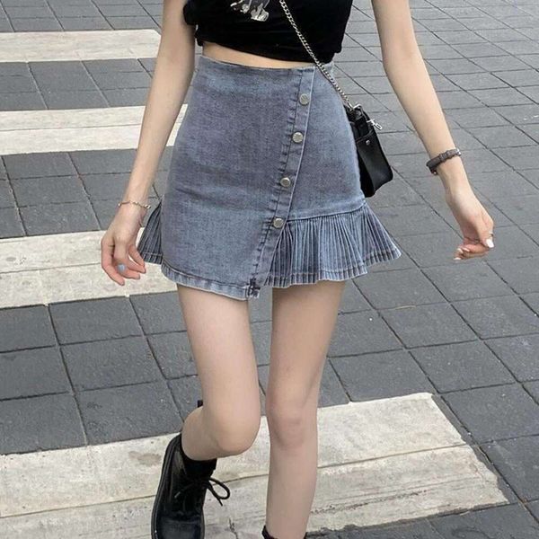 

item title high waisted denim skirt niche pleated a line womens summer irregular ruffled, Black