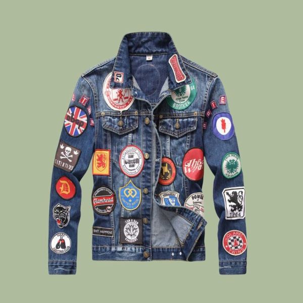 

men stickers denim jacket fashion new design funny pattern with patches outerwear coat spring autumn winter skateboard hip hop jackets, Black;brown