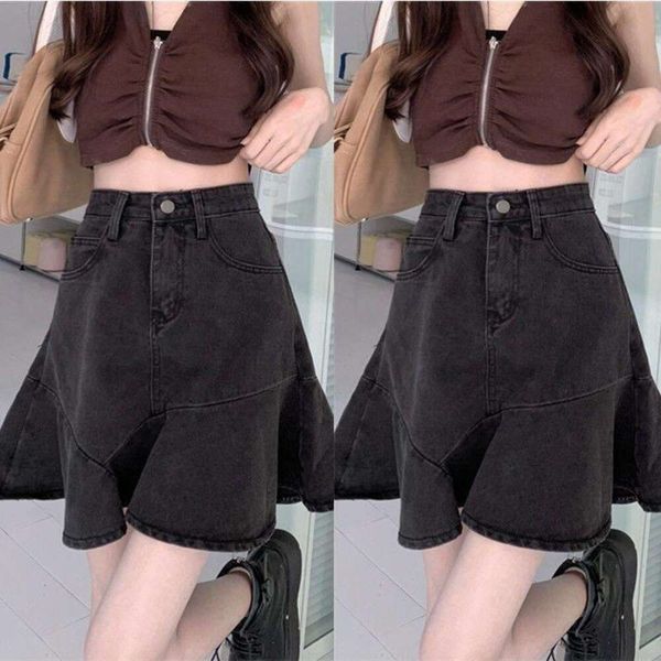 

large size fat high waist fishtail denim skirt summer style belly cover a line hip wrap short, Black