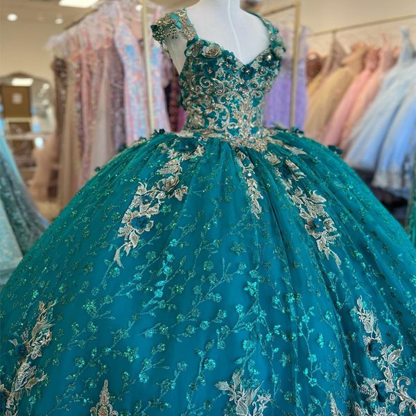 

emerald green sequins ball gown quinceanera dress tulle gold appliques flowers sleeveless sweet 15 16 birthday party formal vestidos de 15, Blue;red
