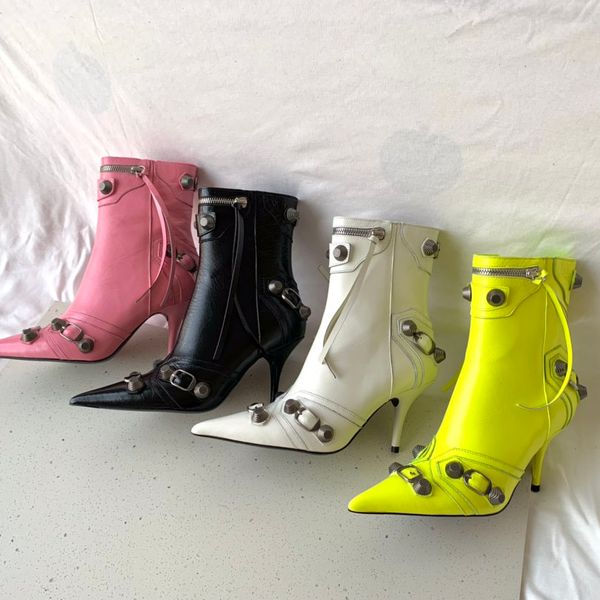

designer boots ladies winter luxury boots heels pointed toe ankle boots fine heeled martin boots leather studded womens, Black
