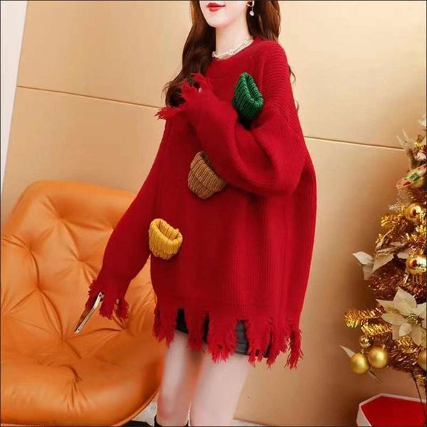 

autumn and winter large size christmas red sweater for womens outerwear loose fashionable pure color woven base, White;black