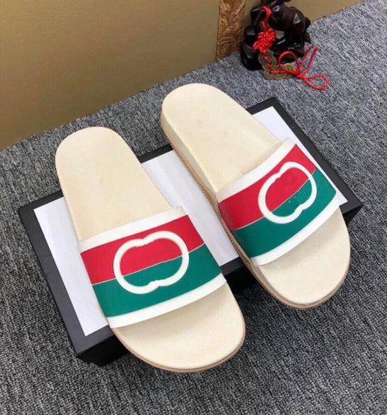 

men women interlocking g slippers red green stripes flat rubber white footbed leather web slides bloom summer beach sandals size 35-45 erq, Black