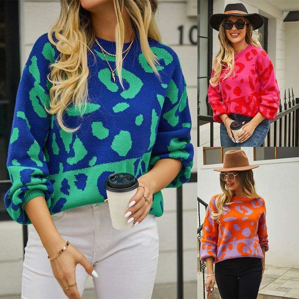 

autumn and winter womens sweater leopard print stitching fashionable round neck for women, White;black
