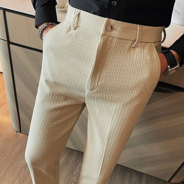 

british style men high waist casual dress pant men belt design slim trousers formal office social wedding party dress suit pants 28-36, Blue