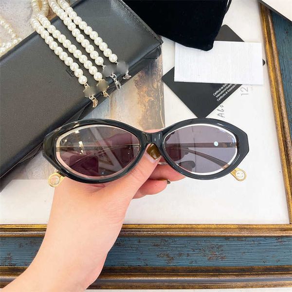 

sunglasses designer fashion ch star ins same pearl chain oval female with logo and box, White;black