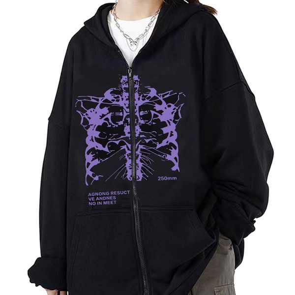 

mens hoodies sweatshirts men and women vintage gothic streetwear skeleton print 90s harajuku oversized hip hop jacket zip up hoodie y2k clot, Black